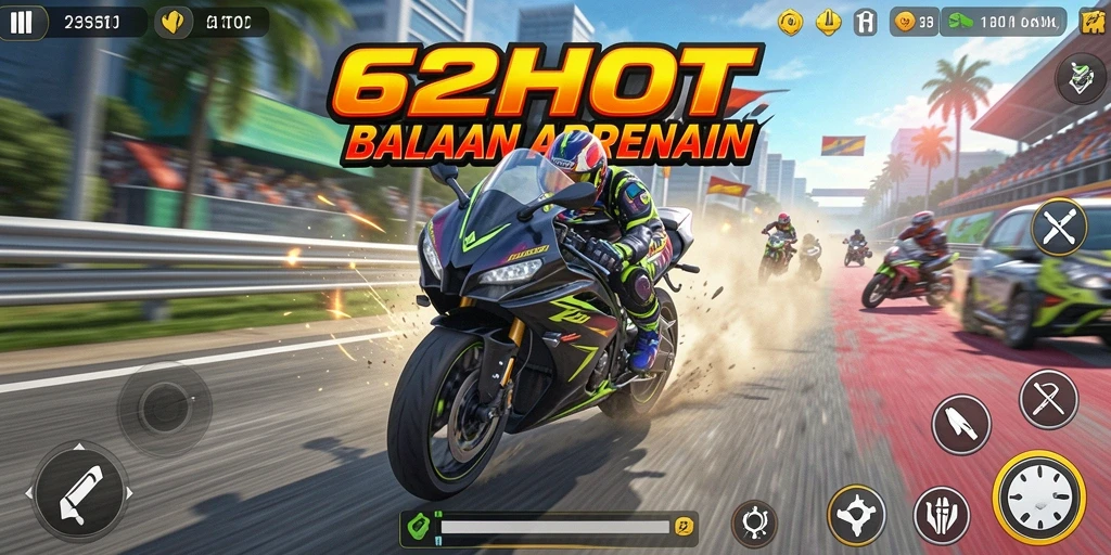 Skrinsut gameplay 62HOT menampilkan balapan motor yang seru di trek menantang.