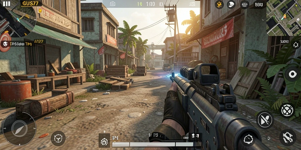 Tangkapan layar GUS77 menunjukkan aksi intens dalam gameplay TPS yang menegangkan.