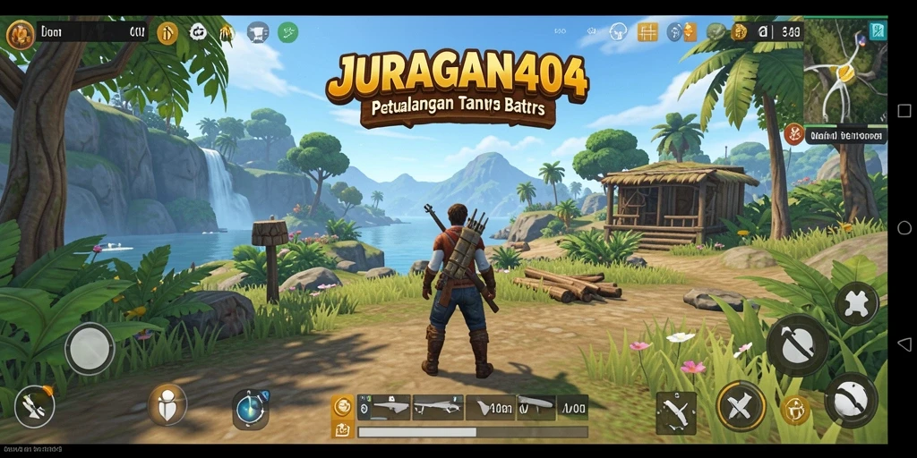Screenshot utama JURAGAN404 menunjukkan aksi seru dalam dunia terbuka.