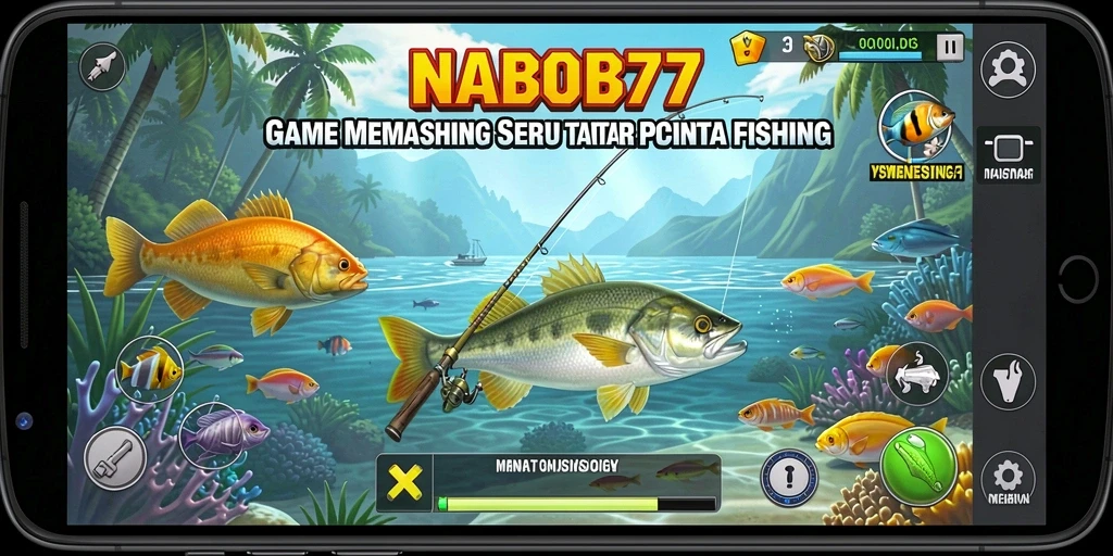 Tampilan gameplay NABOB77 dengan berbagai ikan yang dapat ditangkap.