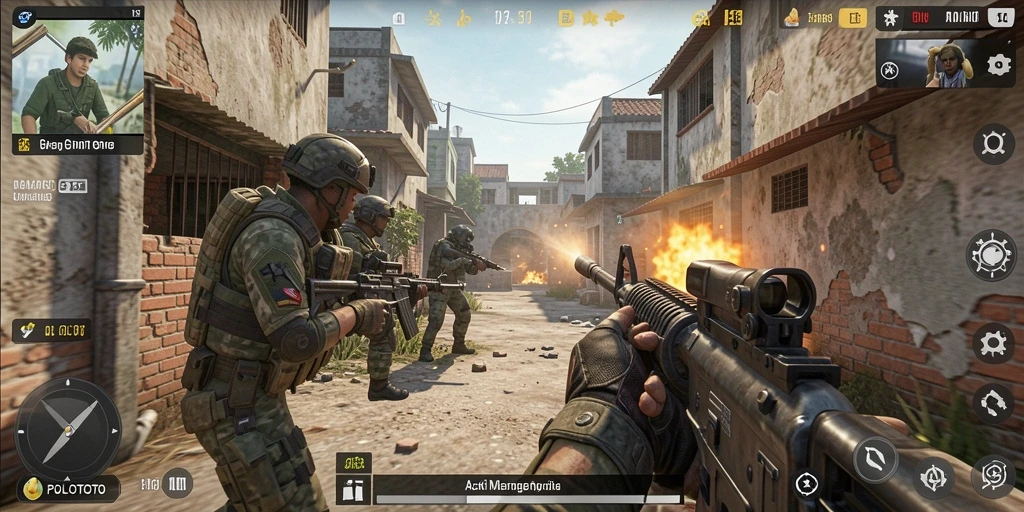 Tangkapan layar POLOTOTO menampilkan pertempuran FPS yang intens dan mendebarkan.