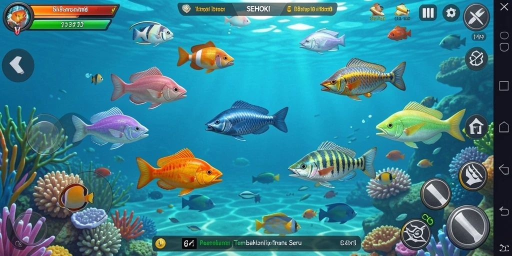 Screenshot gameplay SEHOKI menampilkan aksi menembak ikan yang seru.