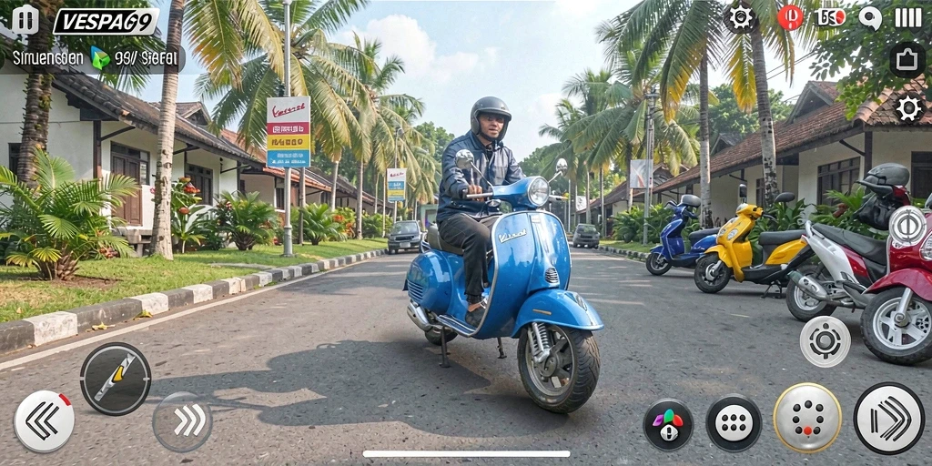 Tampilan gameplay VESPA69 dengan skuter Vespa yang menyusuri jalanan.